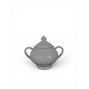 Vintage White Ceramic Sugar Bowl w Lid Double Handle Scalloped
